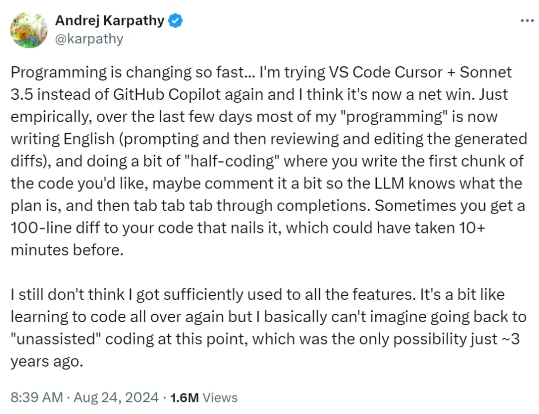 Karpathy狂赞AI代码神器Cursor，直言回不到3年前无辅助编码了，却被指「带货」