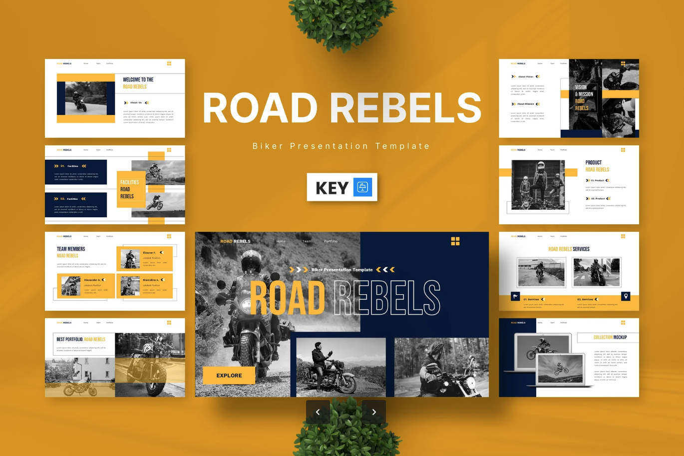 Road Rebels摩托车主题Keynote模板苹果专用商务演示可编辑动态Road Rebels - Biker Keynote Templates-演示喵HUB