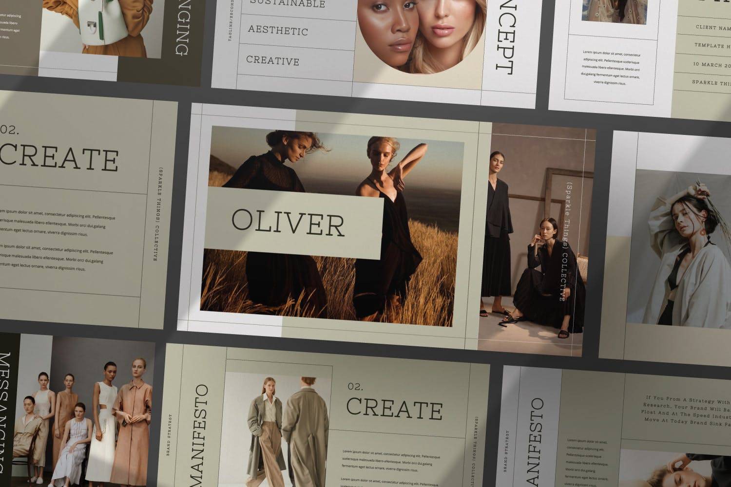K0438 复古典雅莫兰迪色系轻奢女性时尚品牌发布Keynote模板 Oliver Proposal Keynote Template-演示喵HUB