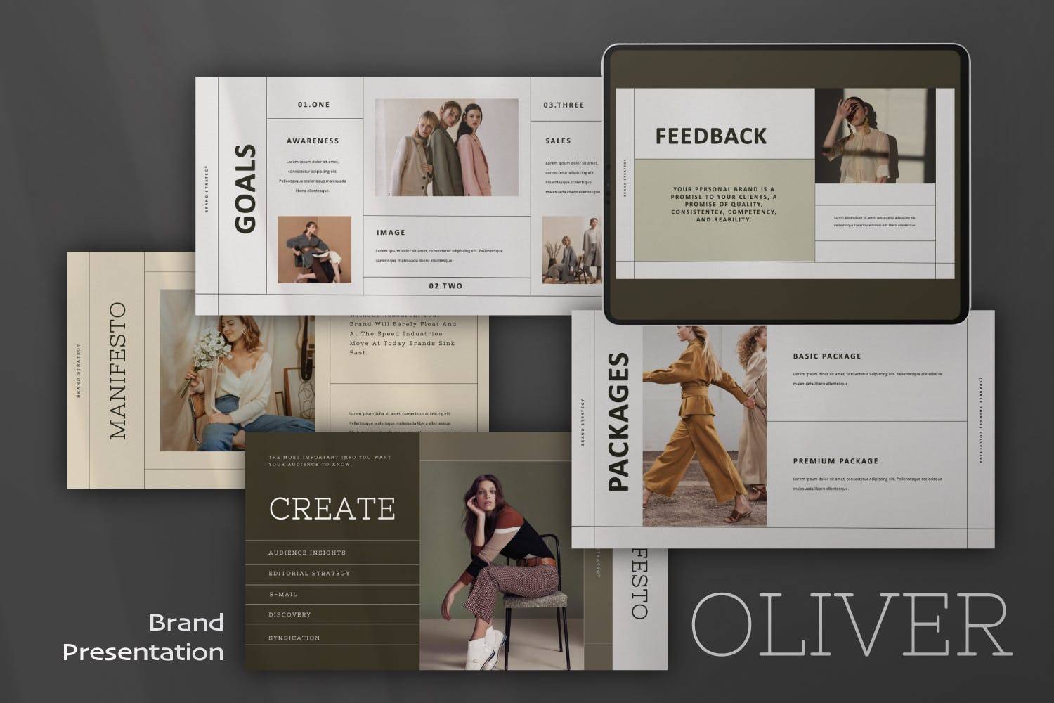 K0438 复古典雅莫兰迪色系轻奢女性时尚品牌发布Keynote模板 Oliver Proposal Keynote Template-演示喵HUB