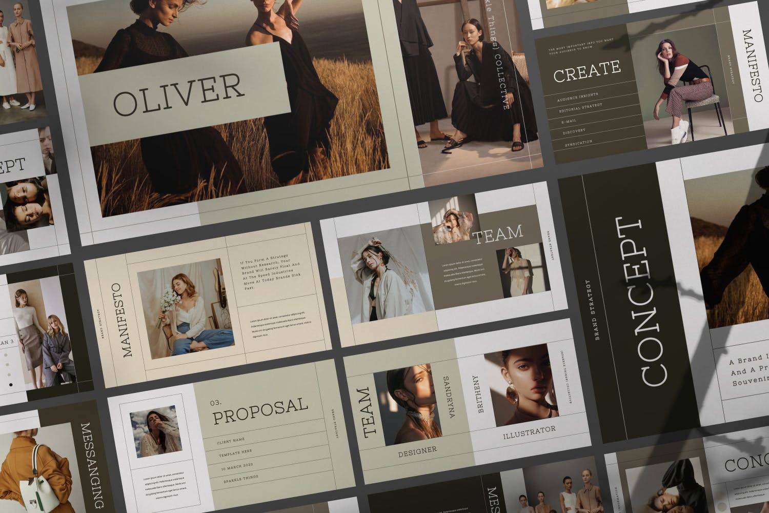 K0438 复古典雅莫兰迪色系轻奢女性时尚品牌发布Keynote模板 Oliver Proposal Keynote Template-演示喵HUB
