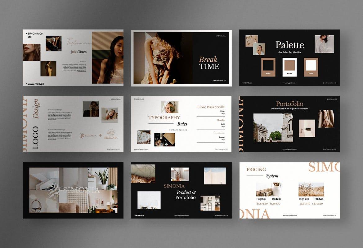 K0439 复古轻奢酒店品牌历程总结主题PPT模版 Simonia - Professional Company Presentation PPT-演示喵HUB