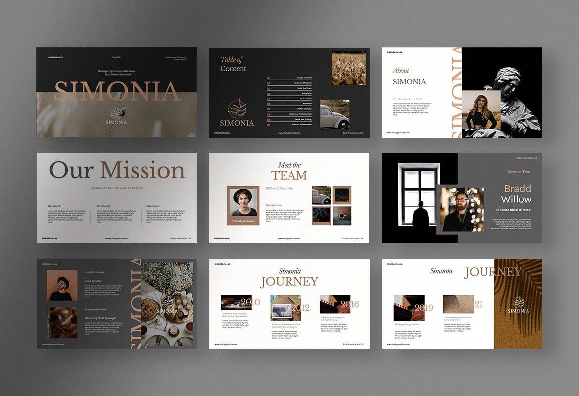K0439 复古轻奢酒店品牌历程总结主题PPT模版 Simonia - Professional Company Presentation PPT-演示喵HUB