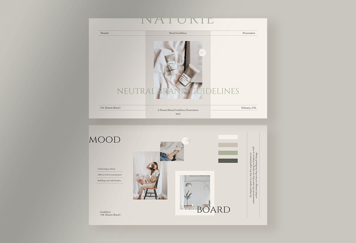 K0449 简洁优雅品牌故事产品展示推荐排版PPT模版 Naturie - Neutral Brand Guidelines Presentation-演示喵HUB