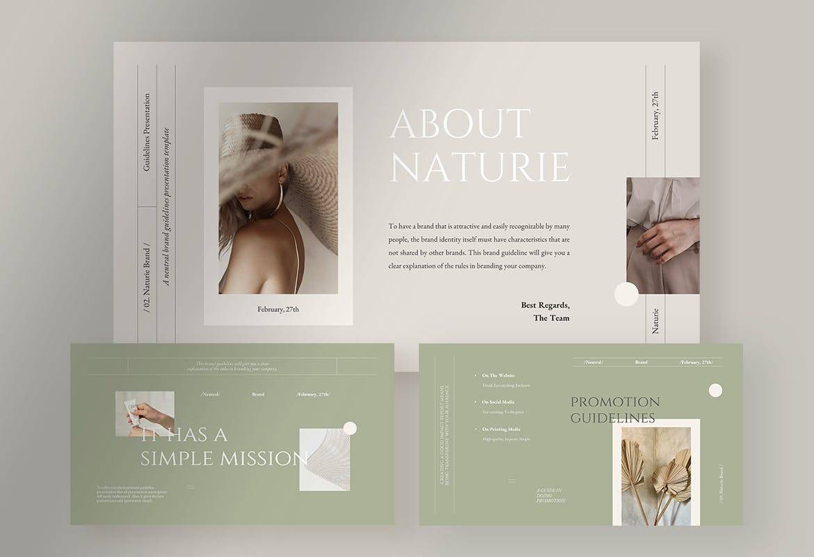 K0449 简洁优雅品牌故事产品展示推荐排版PPT模版 Naturie - Neutral Brand Guidelines Presentation-演示喵HUB