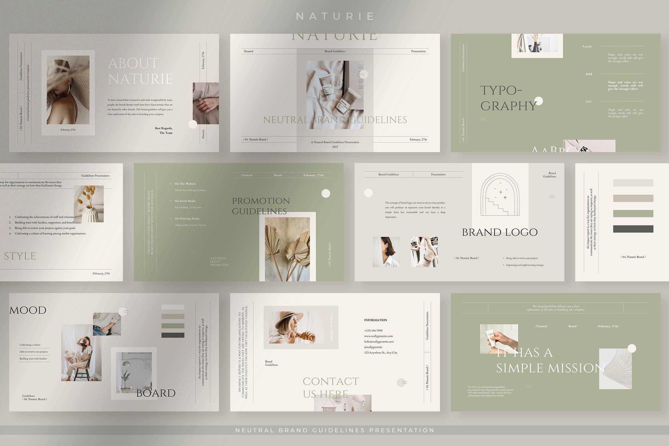 K0449 简洁优雅品牌故事产品展示推荐排版PPT模版 Naturie - Neutral Brand Guidelines Presentation-演示喵HUB