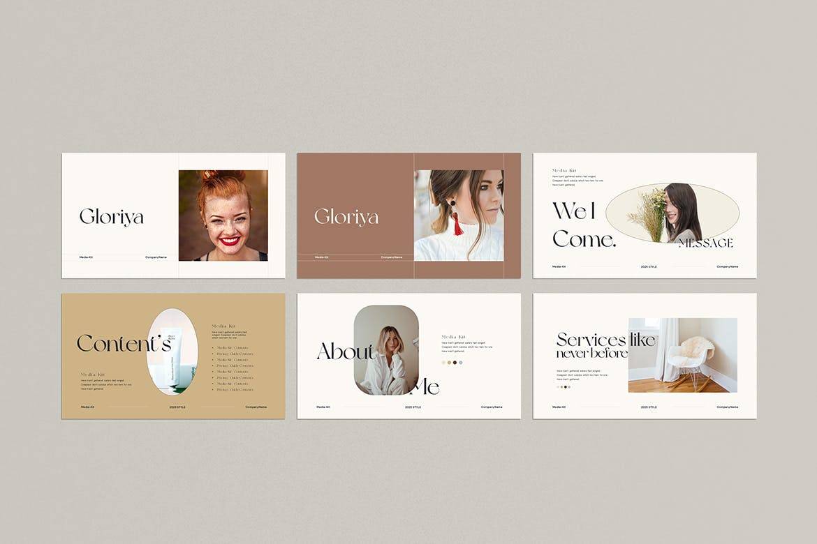 K0478 优雅轻奢女性产品莫兰迪风主题发布PPT+Keynote模版 Gloriya Media Kit Template-演示喵HUB