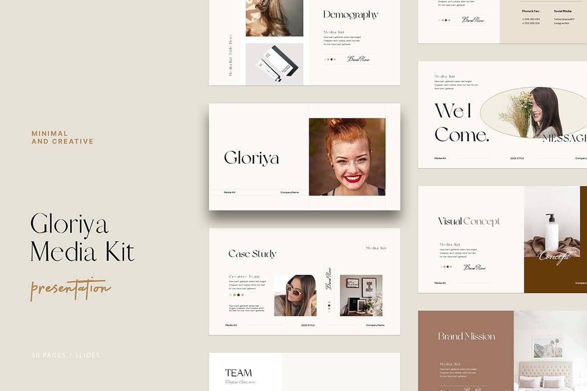 K0478 优雅轻奢女性产品莫兰迪风主题发布PPT+Keynote模版 Gloriya Media Kit Template-演示喵HUB
