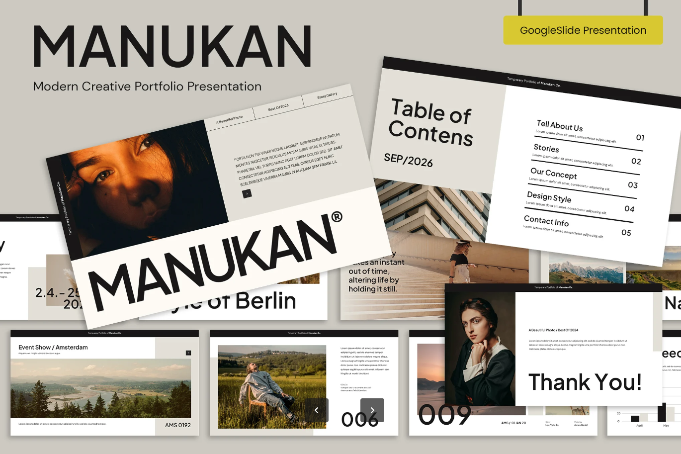 PPT模板现代创意作品集展示高级感可编辑商务简约多用途Manukan - Modern Creative Portfolio Presentation-演示喵HUB