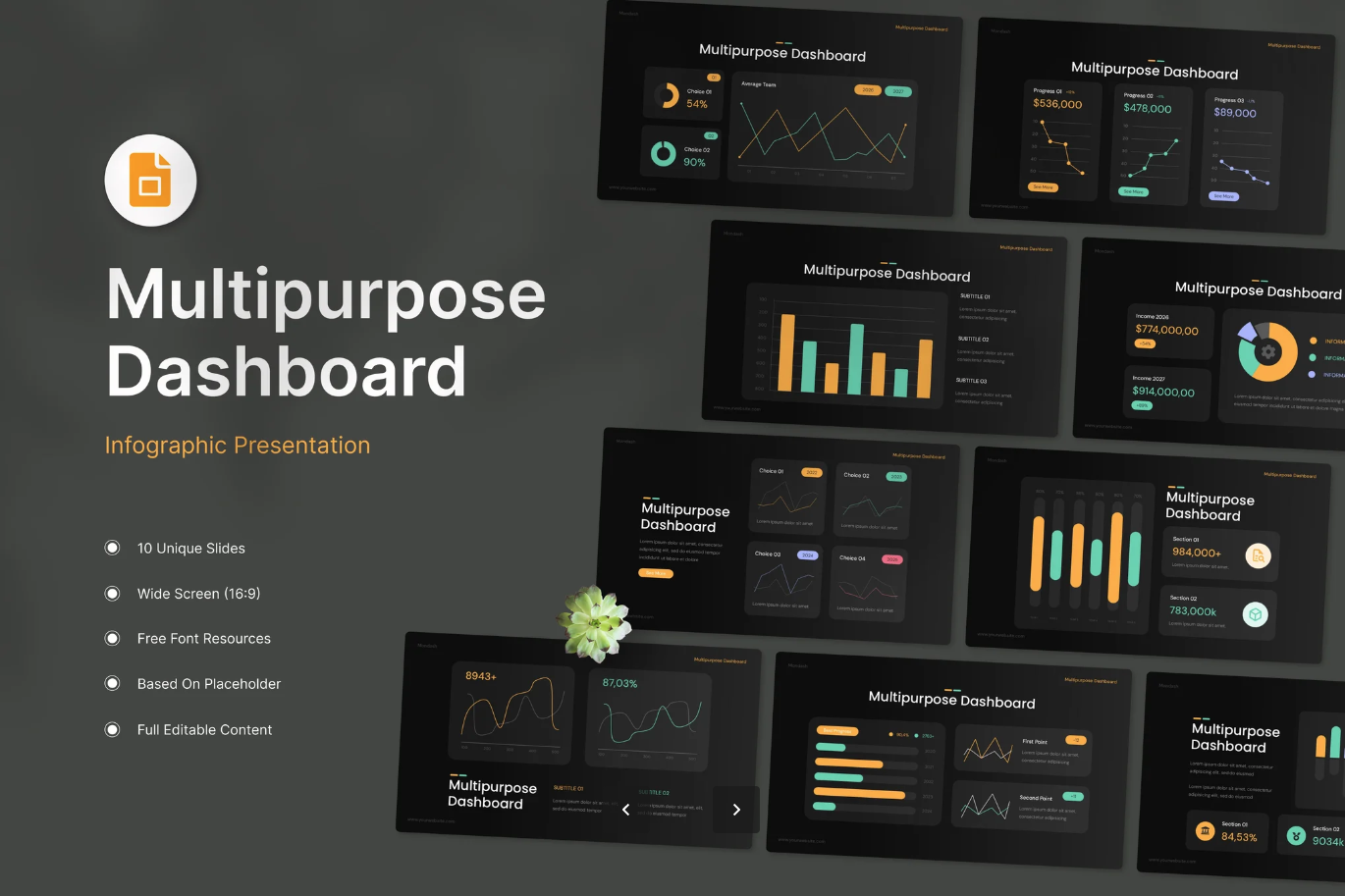 高端商务风PPT模板可编辑数据可视化Dashboard年终总结工作汇报InfographicMultipurpose Dashboard Infographic Google Slides-演示喵HUB