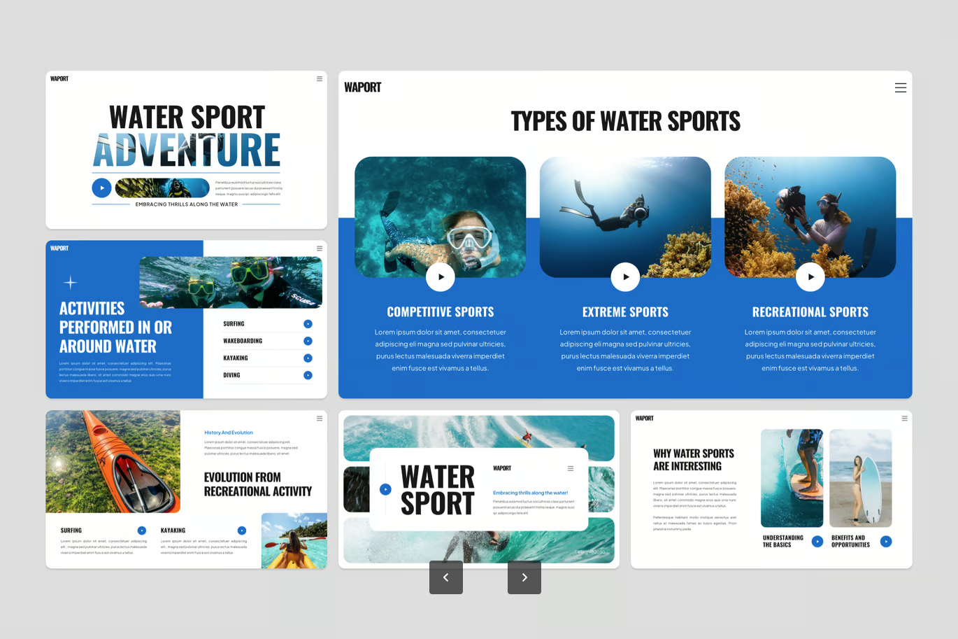 海洋风创意水上运动PPT模板可编辑商务动态演示素材Water Sports Activities-演示喵HUB