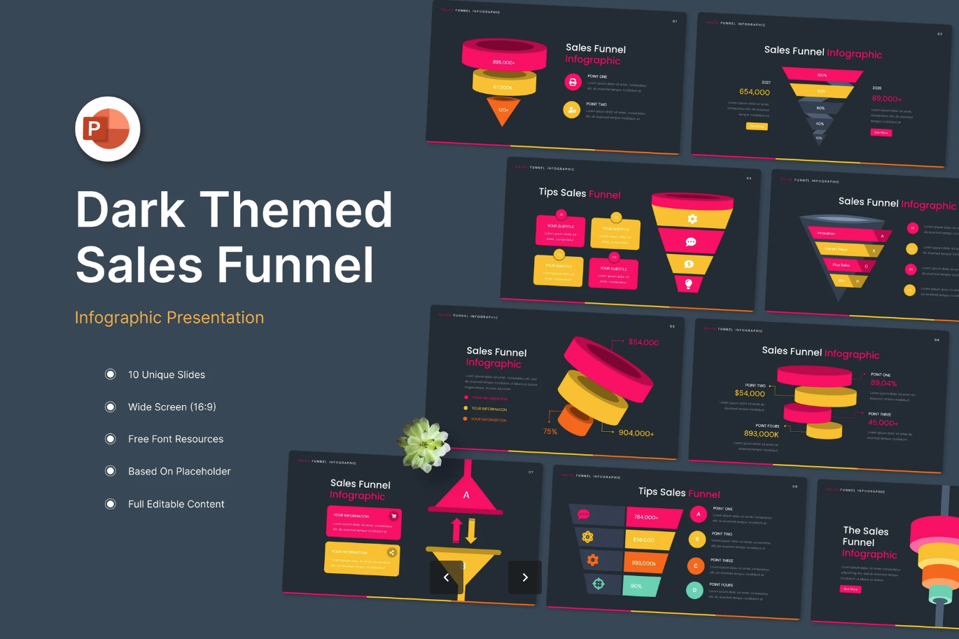 高端商务PPT模板暗黑主题销售漏斗信息图表可编辑PPTXDark Themed Sales Funnel Infographic PowerPoint-演示喵HUB