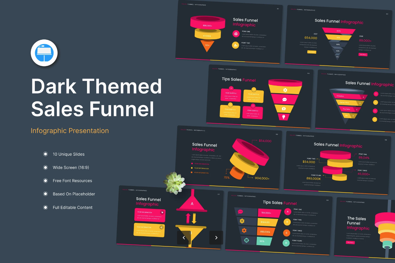 2024暗黑系销售漏斗PPT模板Keynote可编辑高端商务风信息图表Dark Themed Sales Funnel Infographic Keynote-演示喵HUB