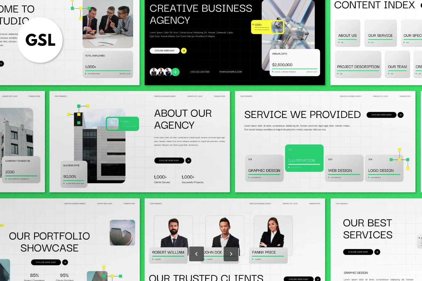 黄绿创意商务PPT模板1920×1080可编辑企业宣传Google Slide高级Green Yellow Creative Business Agency Google Slide-演示喵HUB