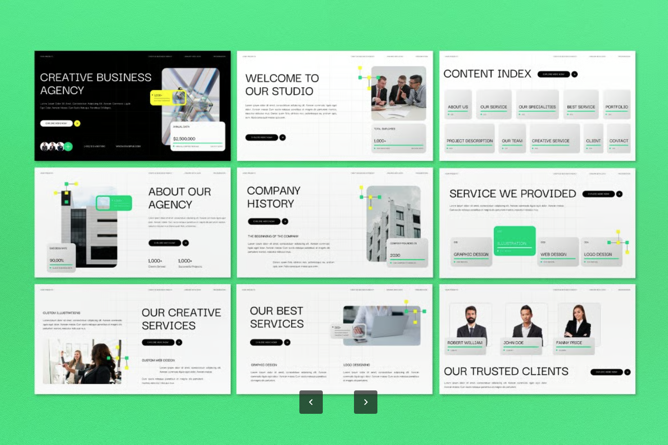 黄绿创意商务PPT模板1920×1080可编辑企业宣传Google Slide高级Green Yellow Creative Business Agency Google Slide-演示喵HUB