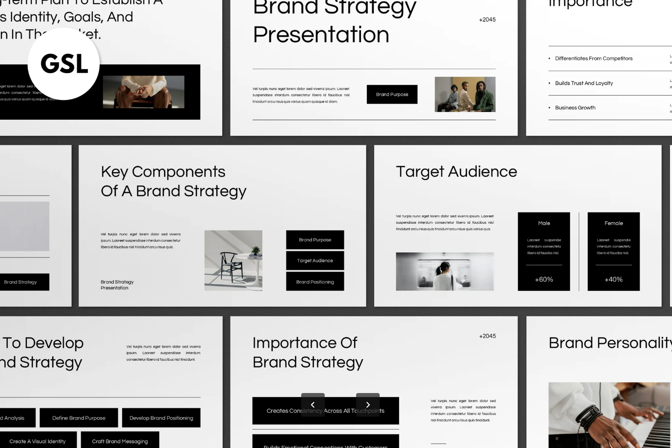 极简黑白品牌策划PPT模板Google Slides高级感商业计划书演示文稿White Black Minimalist Brand Strategy Google Slide-演示喵HUB